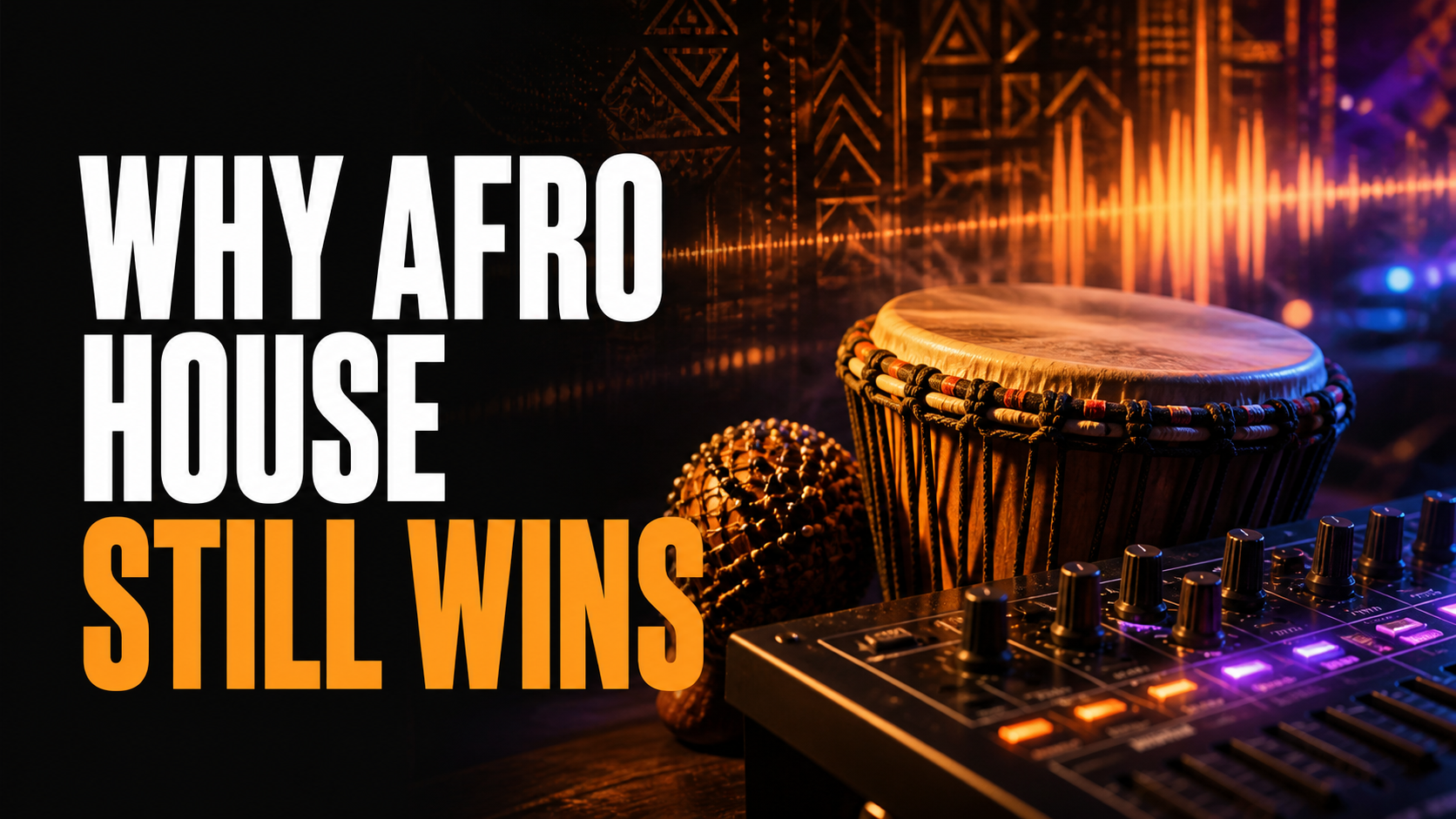 Afro house production studio with hand percussion, waveform and mixing console