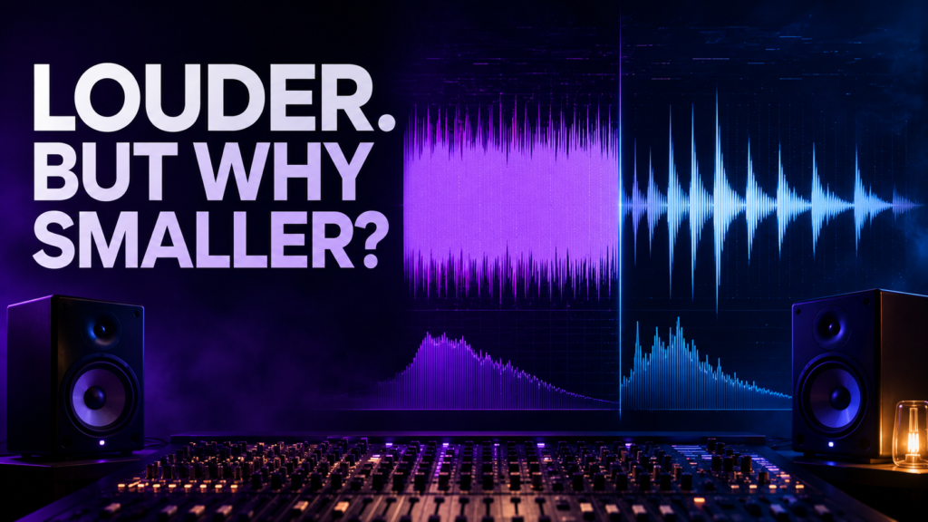 EDM mixing and mastering studio visual comparing a dense limited waveform with a dynamic waveform