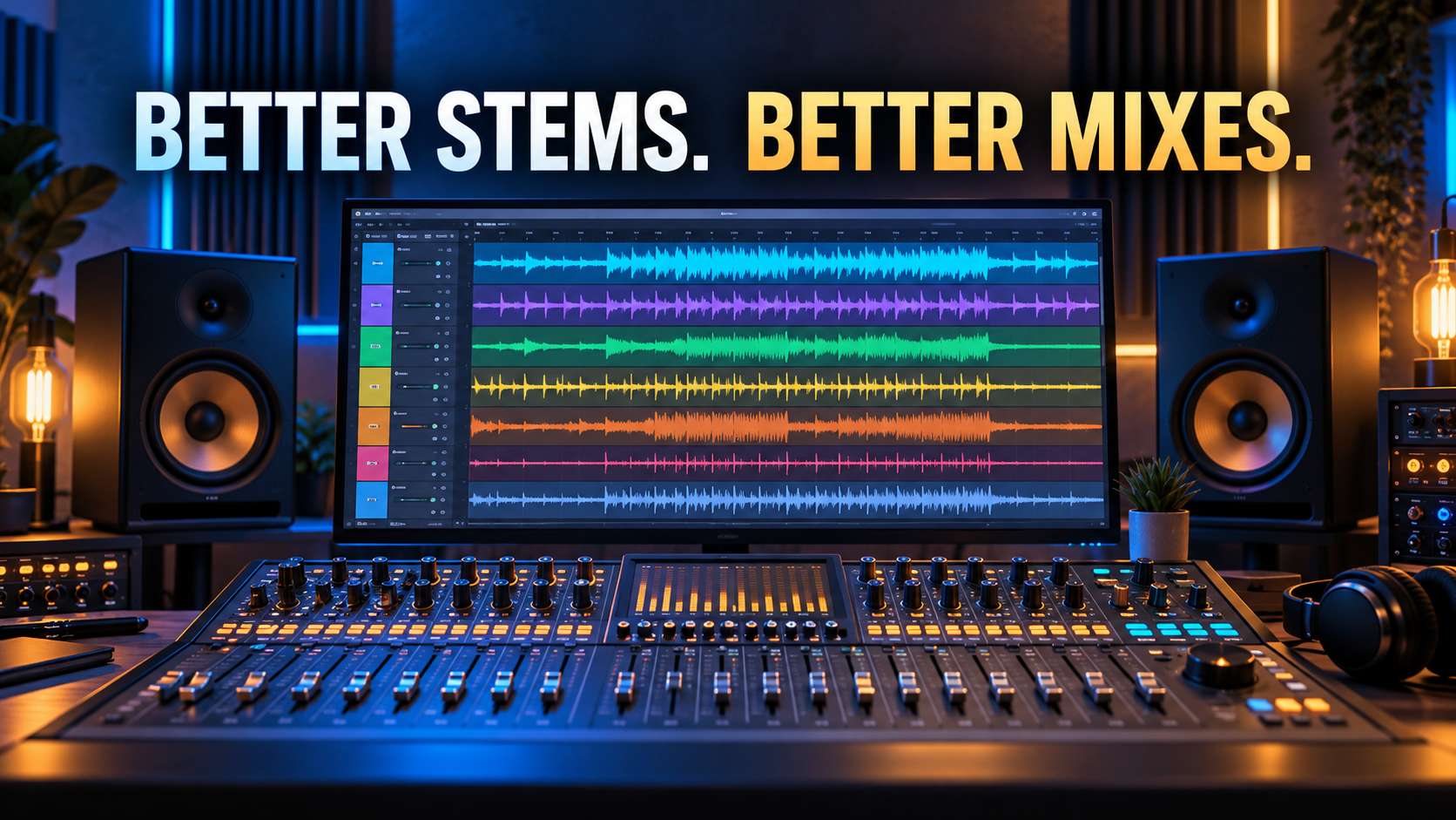 Separate colored audio waveforms above a mixing console in a blue and amber studio, with the headline Better Stems. Better Mixes.