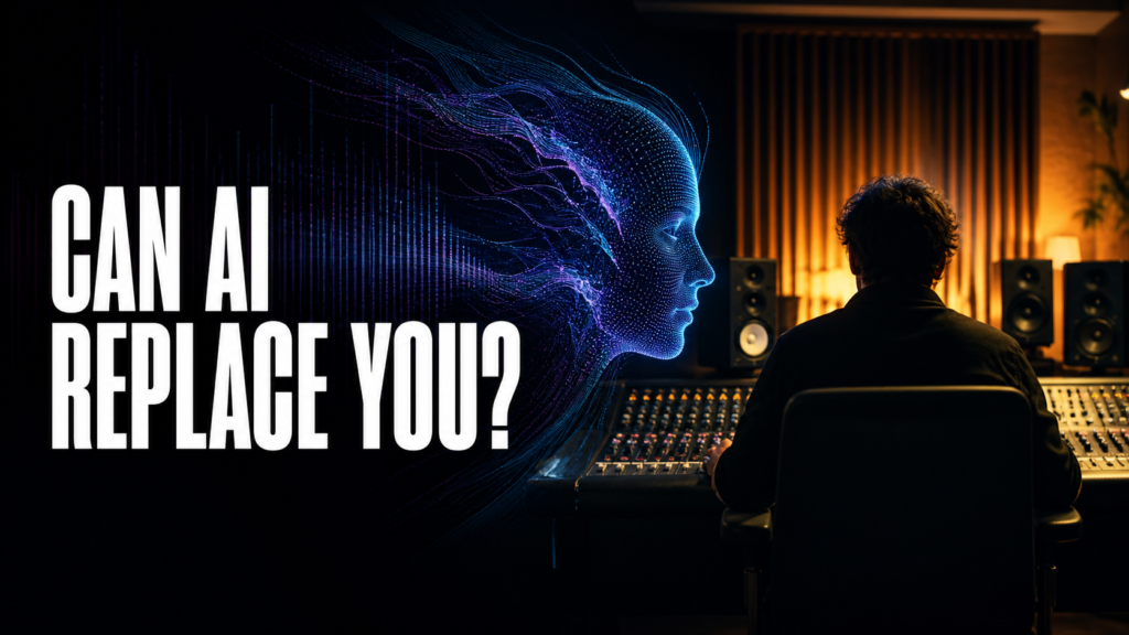 Human music producer facing generative AI in a modern recording studio